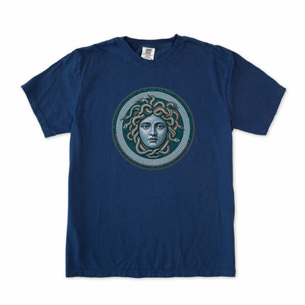 Blue Medusa Mosaic T-Shirt | Greek Mythology Gorgon Head Graphic Tee Shirt
