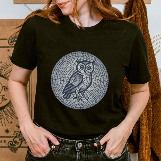 Mosaic geometric owl graphic t-shirt featuring blue and grey mosaic design on a comfort colors tee.