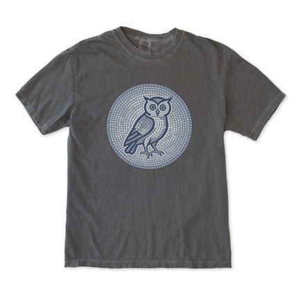 Geometric mosaic blue and grey owl graphic tee shirt design on comfortable fabric.