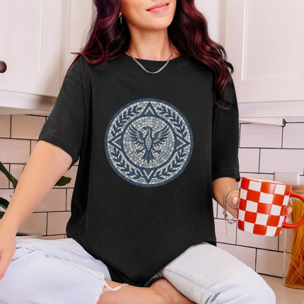 Mosaic Phoenix T-Shirt | Blue Roman Style Mythological Bird Graphic Tee