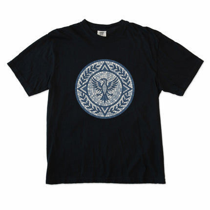 Blue mosaic phoenix graphic tee featuring roman style mythological bird artwork.