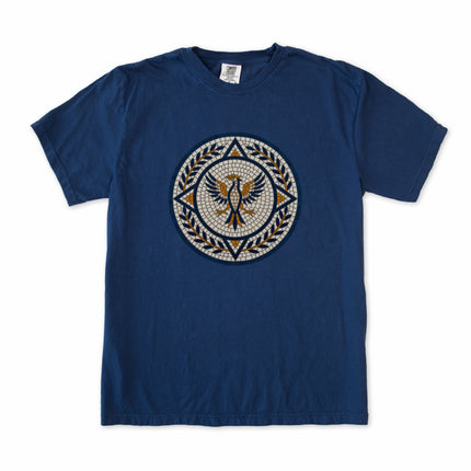 Blue mosaic phoenix t-shirt featuring roman style mythological bird graphic art.