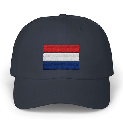 Dutch flag embroidered baseball cap in red, white, and blue.