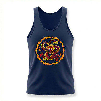 A bold, fiery red dragon graphic on a navy blue tank top, inspired by Asian mythology.