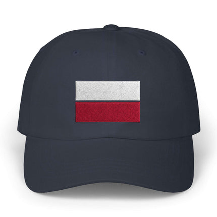Embroidered Polish flag baseball cap on a dark navy background.
