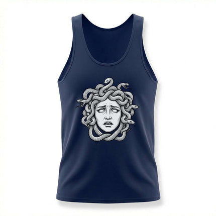 Medusa head illustration featuring coiled snakes, a striking piece of Greek mythology art.