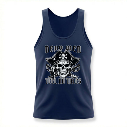 Dead Men Tell No Tales pirate skull graphic tank top featuring a buccaneer skull design.