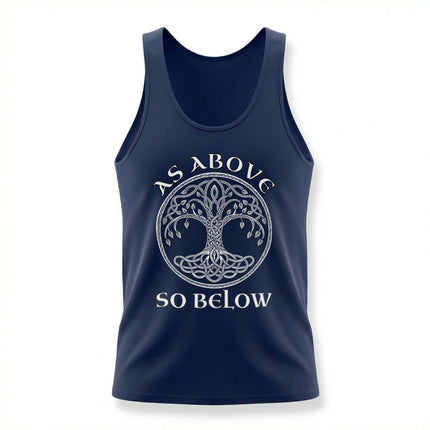 As Above So Below Celtic Tree of Life graphic on a navy spiritual tank top.