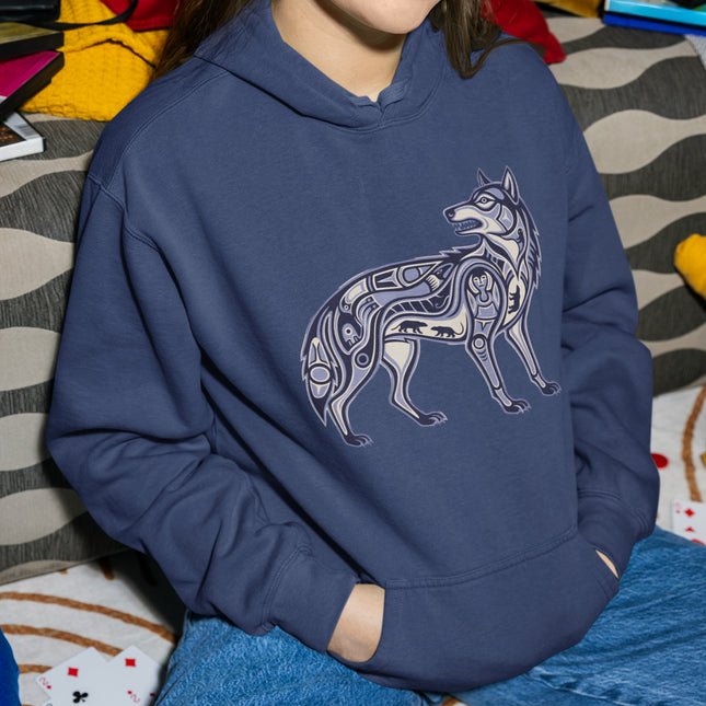 Inuit Inspired Tribal Wolf Hoodie | Indigenous Art Spirit Animal Pullover Hoodie