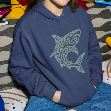 Polynesian Tribal Shark Hoodie | Ocean Predator Tattoo Design | Comfort Colors Hoodie