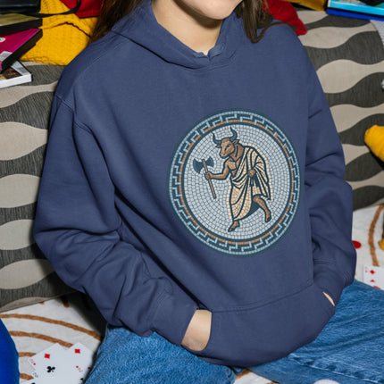 Mosaic Minotaur Hoodie | Greek Mythology Labrys Axe Unisex Pullover Hoodie