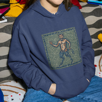Mosaic satyr faun design on a blue hoodie, featuring ancient Greek mythology art.