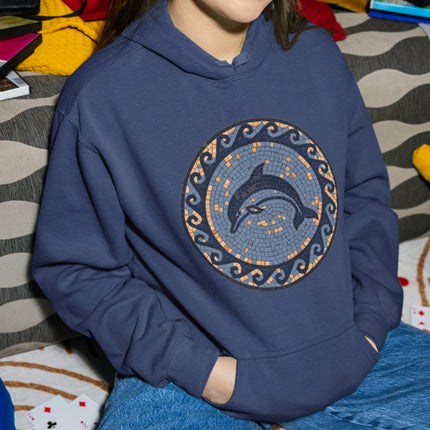 Mosaic dolphin art on a navy blue hoodie. Coastal ocean theme pullover with mosaic design.