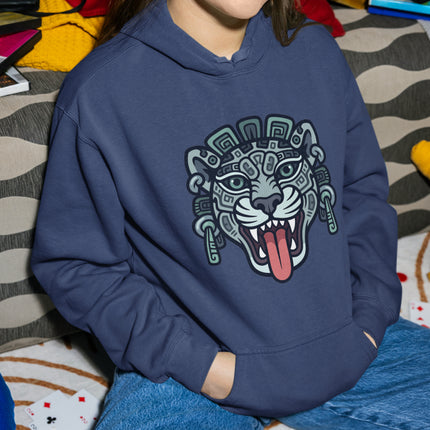 Mesoamerican Mayan Jaguar tribal art graphic on a navy pullover hoodie.