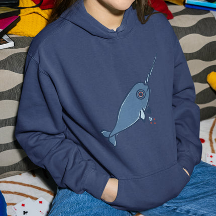 Inuit Inspired Narwhal Graphic Hoodie | Blue Arctic Whale Pullover Hoodie