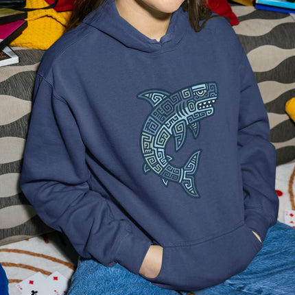 Geometric tribal shark design on a navy blue hoodie, featuring Mayan Aztec art.