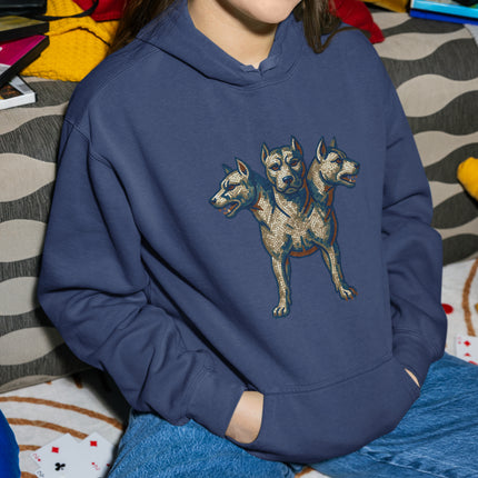 Cerberus Mosaic Three-Headed Dog Hoodie | Greek Mythology Guardian Pullover Hoodie