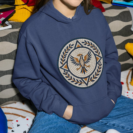 Mosaic phoenix eagle design on a navy pullover hoodie within a classical laurel wreath.