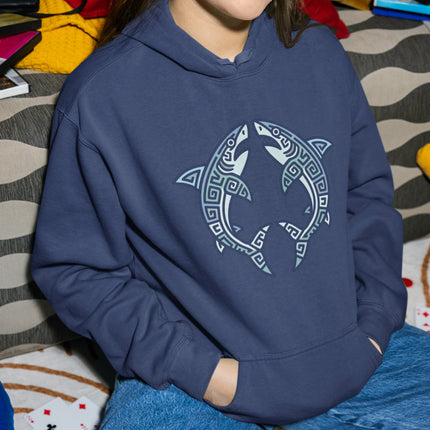 Tribal geometric shark symbol print with Mayan-inspired marine life design.