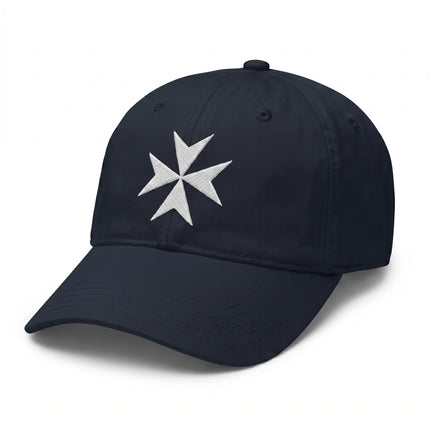 Navy baseball cap featuring an embroidered white Maltese Cross symbol.