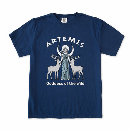 Artemis Goddess of the Wild t-shirt featuring Greek mythology, moon, and majestic stag design.