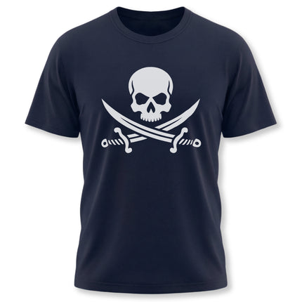 Pirate skull and crossed swords graphic t-shirt design on a navy tee.