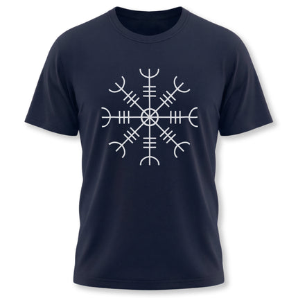Aegishjalmur symbol graphic tee. Norse Helm of Awe design on a dark shirt.