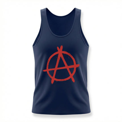 Dark blue tank top featuring a red anarchy symbol graphic. Punk streetwear style.