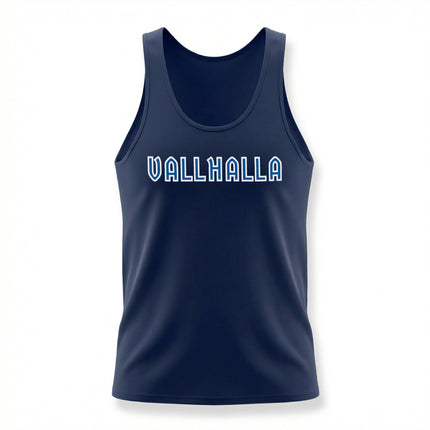 Navy Valhalla tank top with Norse mythology text. Graphic tee for Viking or pagan style.