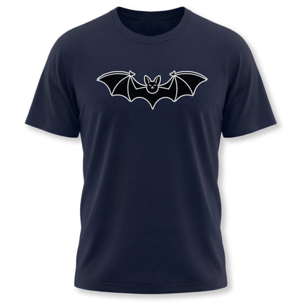 Minimalist black bat outline graphic on a dark navy gothic t-shirt.