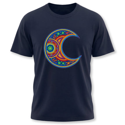 Vibrant Mexican Huichol art crescent moon mandala graphic on a navy t-shirt.