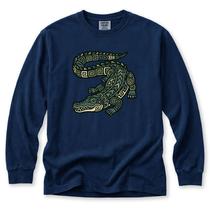 Geometric Mayan crocodile graphic on a black long sleeve t-shirt.