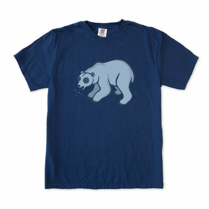 Blue cartoon polar bear spitting snow on a fun arctic themed t-shirt.