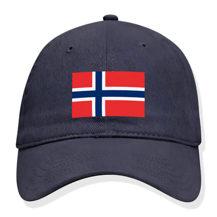Dark baseball cap featuring the Norwegian flag. Nordic national pride accessory.