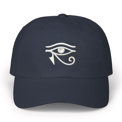 Navy blue baseball cap with embroidered Eye of Horus Egyptian symbol.