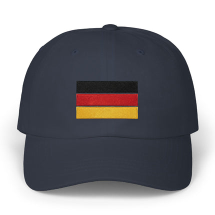 German flag baseball cap with embroidered black, red, and gold stripes.