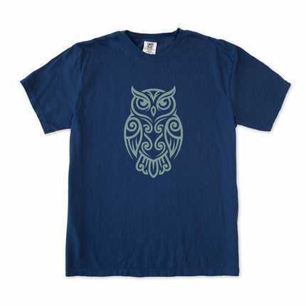 Intricate tribal owl and celtic knot graphic t-shirt featuring wisdom symbolism.