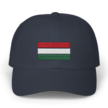 Embroidered Hungarian flag baseball cap featuring red, white, and green stripes for national pride.