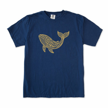 Intricate tribal whale graphic on a comfortable t-shirt, showcasing detailed ocean animal art.
