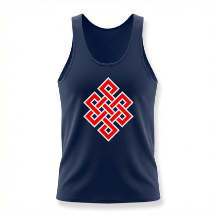 Red Endless Knot symbol on a navy blue spiritual tank top.