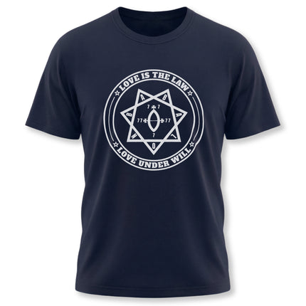 Love Is The Law Star of Babalon occult symbol graphic t-shirt.