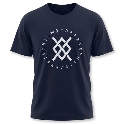 Norse rune t-shirt featuring the Gungnir knot symbol and Viking alphabet circle design.