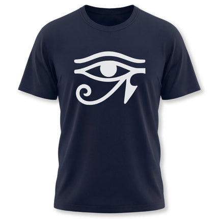 Eye of Ra symbol graphic on a navy blue unisex t-shirt featuring ancient Egyptian design.