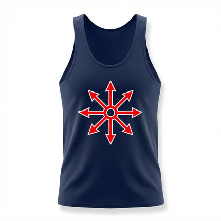 Red chaos star symbol graphic on a dark blue occult tank top.