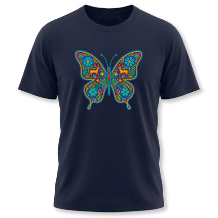 Vibrant Mexican butterfly tee with Huichol deer and floral folk art design.