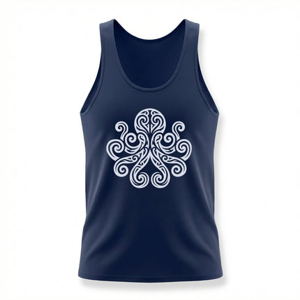 White tribal octopus graphic on a navy tank top, featuring intricate celtic knot swirls.