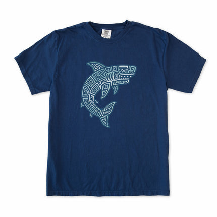 Blue tribal shark t-shirt featuring Mayan geometric patterns and ocean motifs on a blue tee.