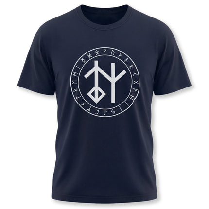 Dark tee featuring a white bind rune symbol surrounded by the full Futhark alphabet.