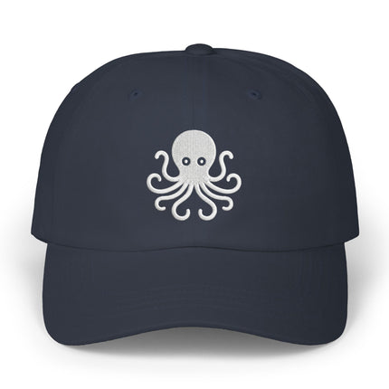 Navy baseball cap featuring a white embroidered octopus design.