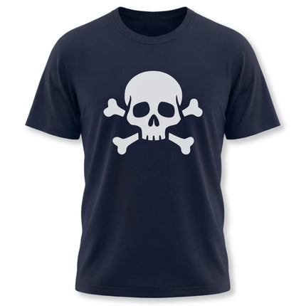 White skull and crossbones graphic on a navy blue t-shirt.